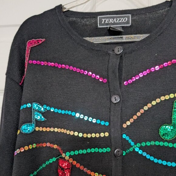 Terazzo Sequin Music Notes Cardigan Womens Size XL Black Vintage Sweater - Picture 3 of 10